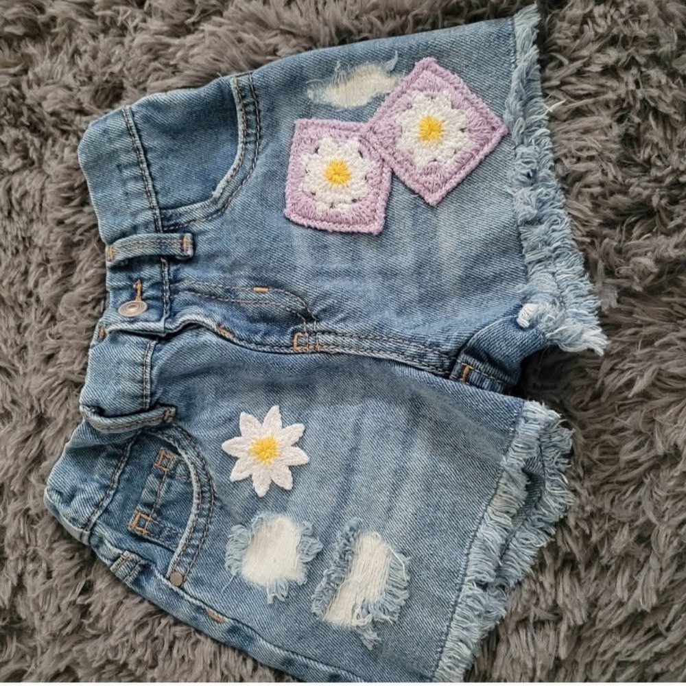 Denim Shorts with Crochet Flower Patches